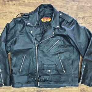 MAS Leather‎ Motorcycle Jacket Mens 46 Black Zippers Biker Harley Tough Moto
